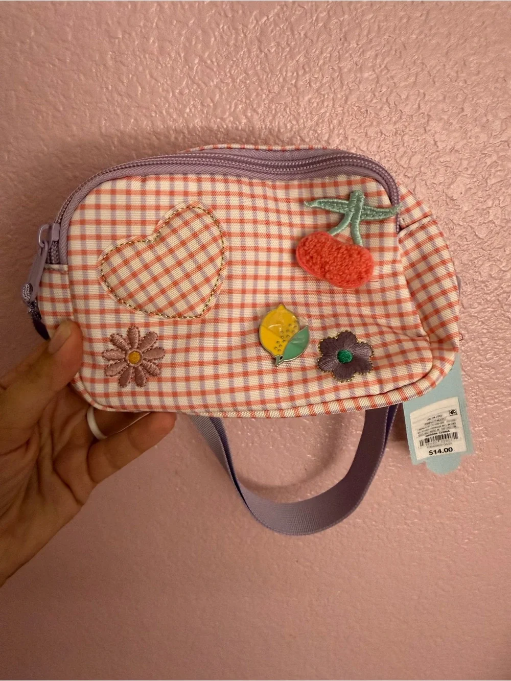 Cat & Jack Pink Check Plaid Kids Wristlet with Cherry & Floral Patches